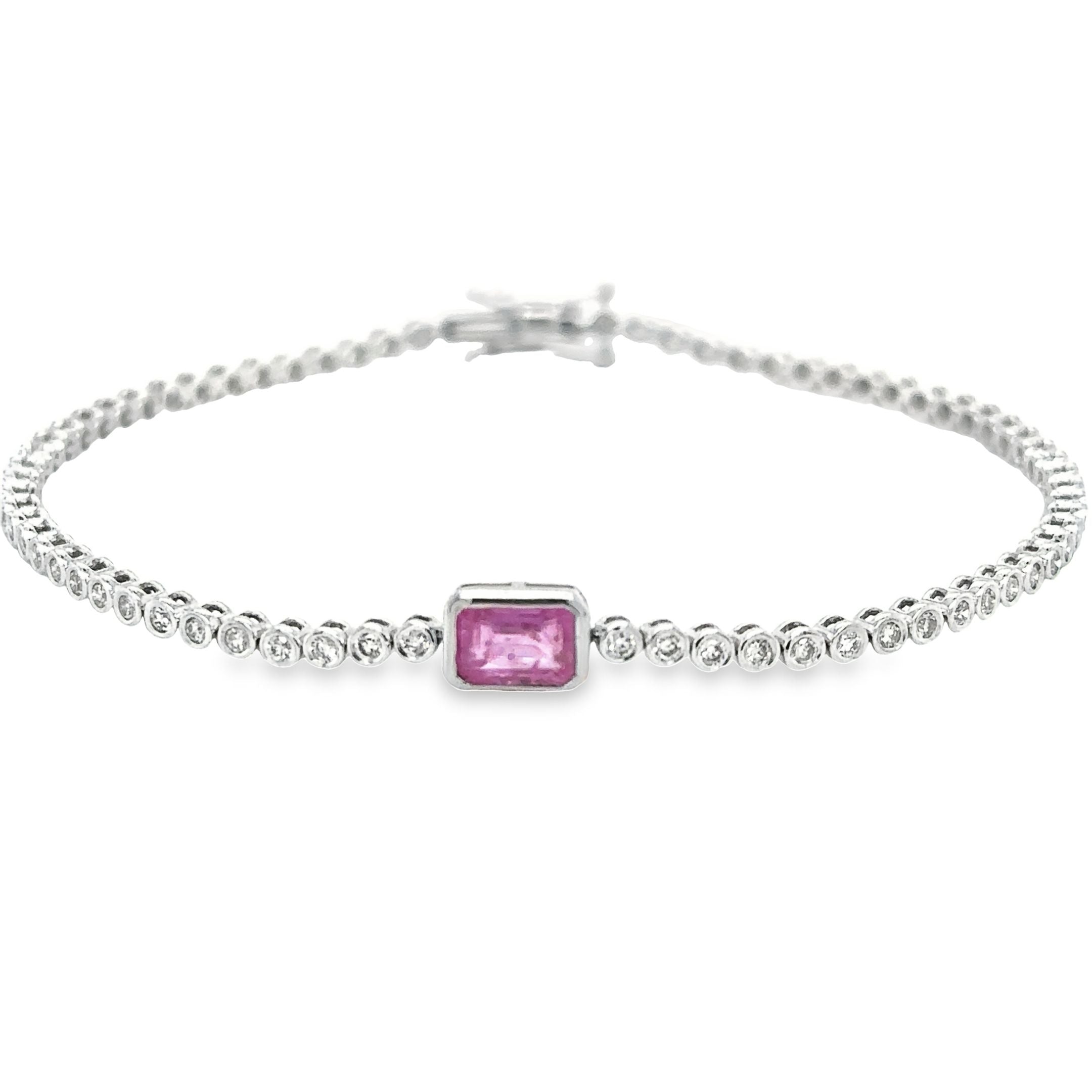 Pulsera de tenis Oct con diamantes y zafiro rosa en oro blanco de 14 quilates, 1,53 TCW