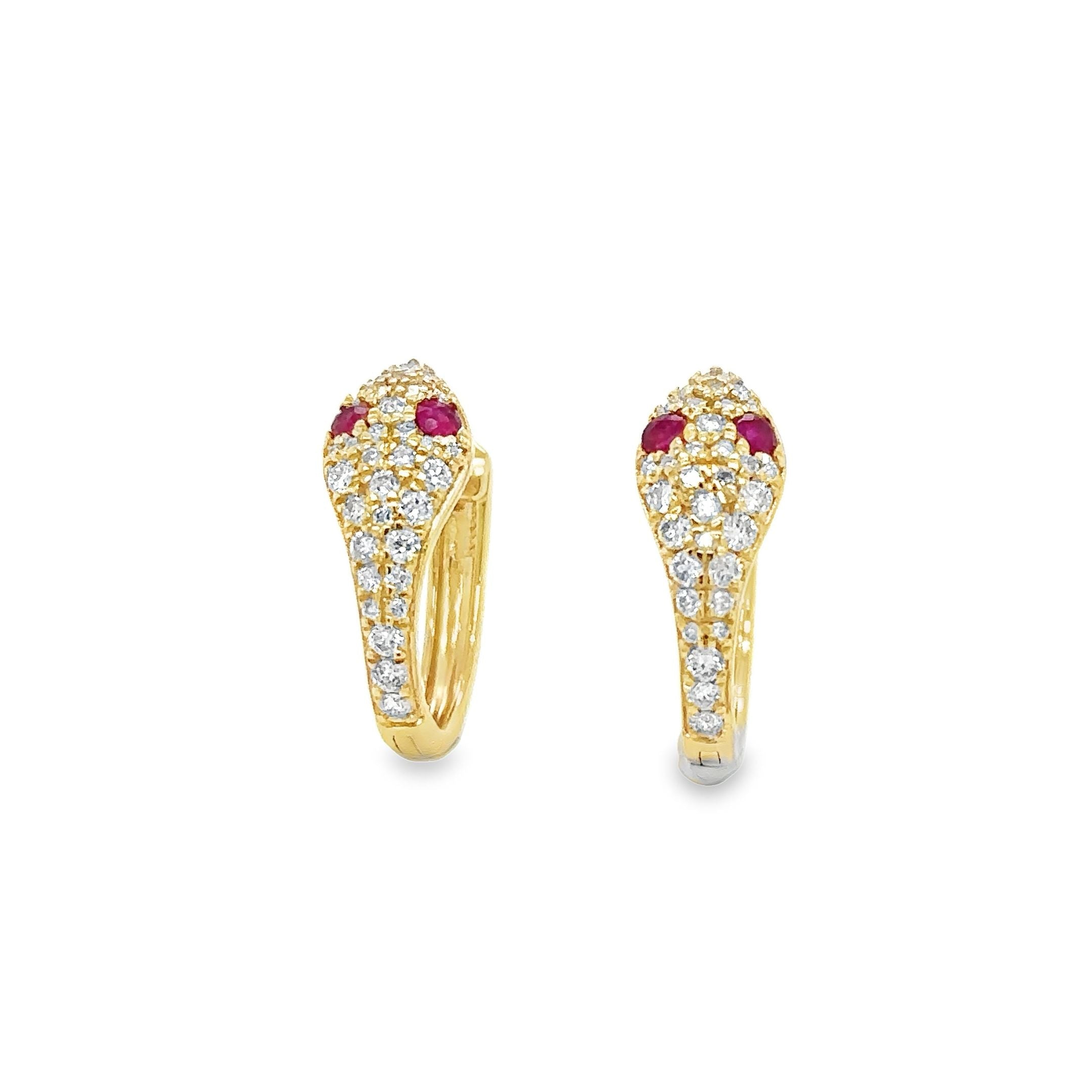 14K Yellow Gold Ruby & Diamonds Snake Huggies 0.63 TCW