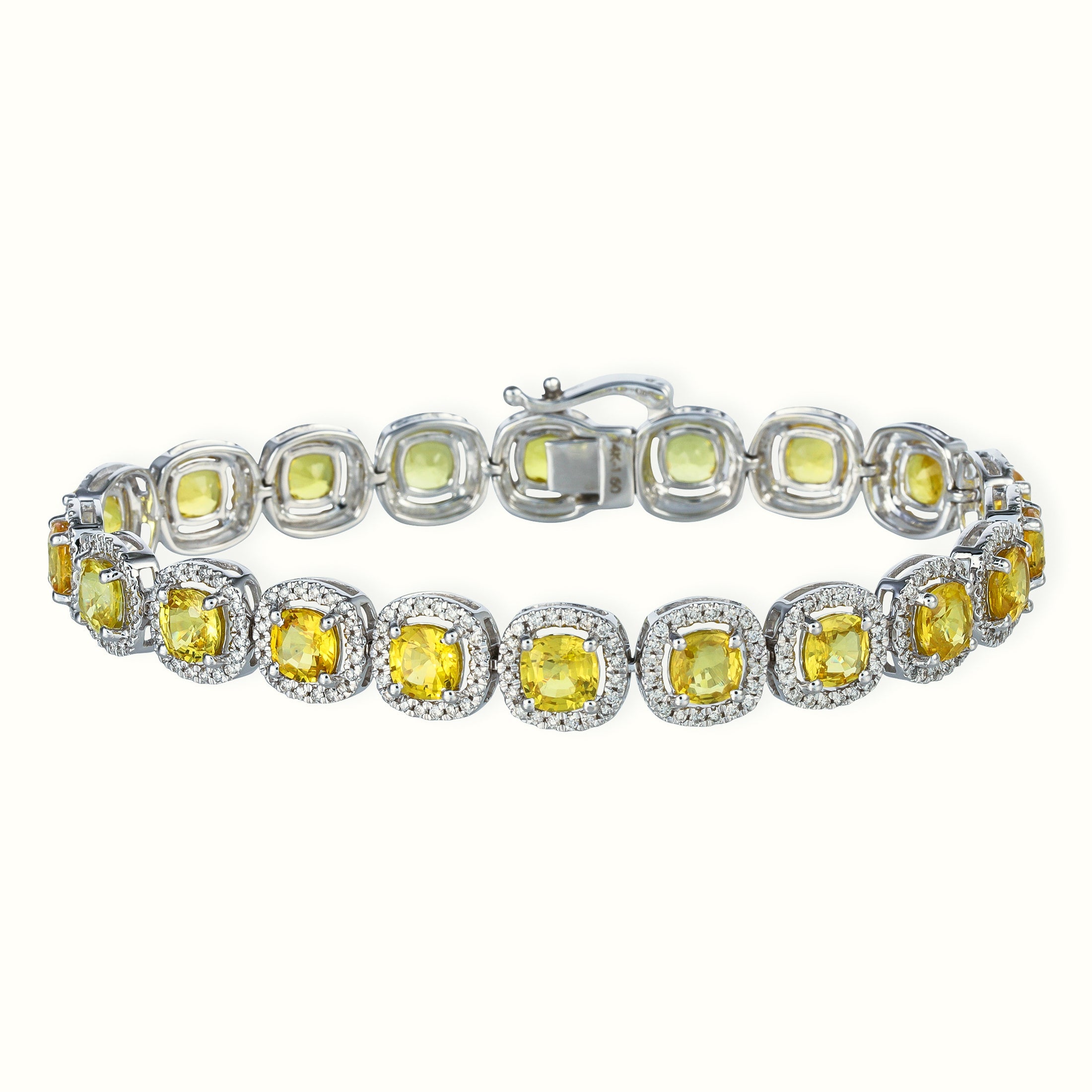 Pulsera de oro blanco de 14 quilates con diamantes y zafiro amarillo en forma de cojín, 15,10 TCW