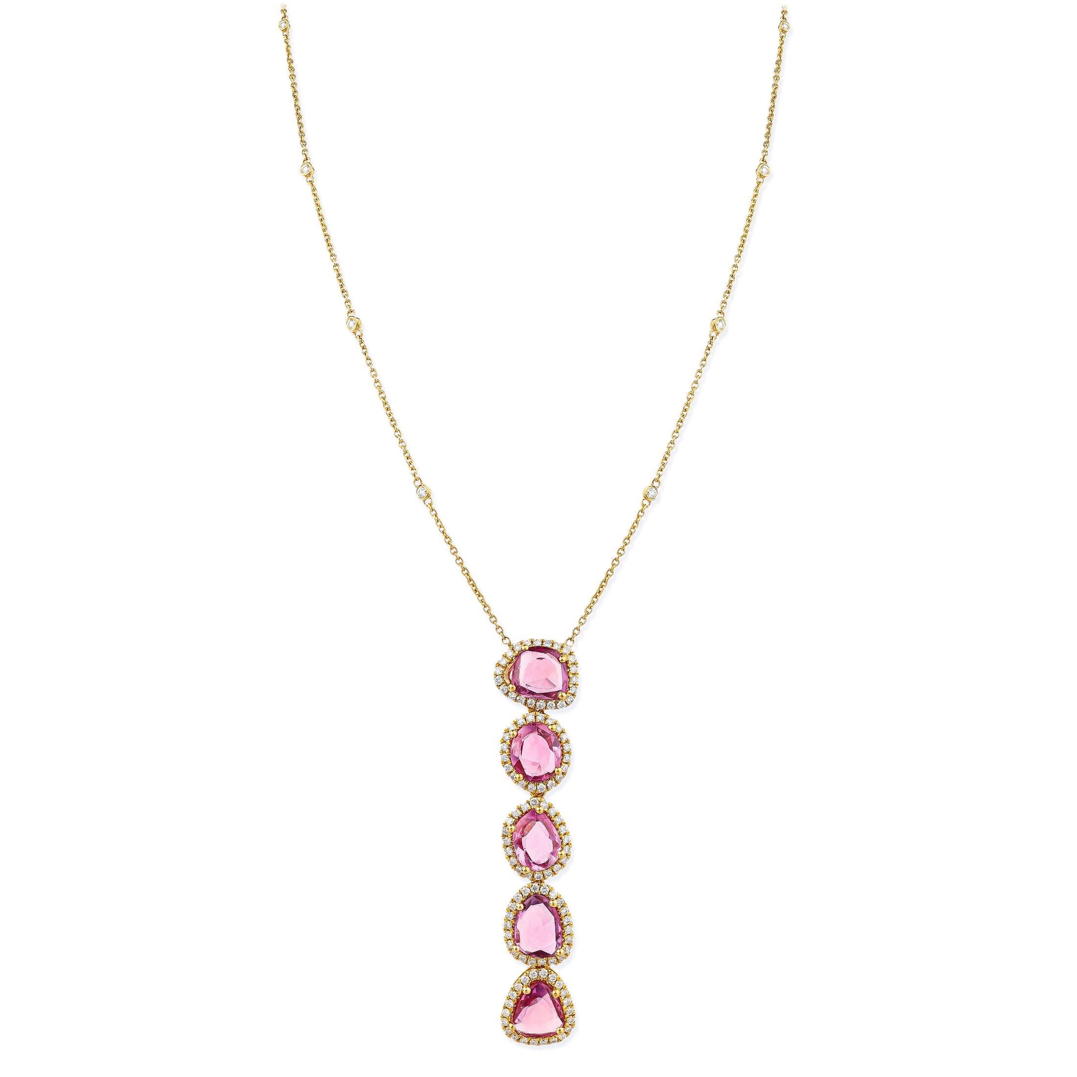 14K Gold Diamond Pink Sapphire Necklace 6.10 TCW